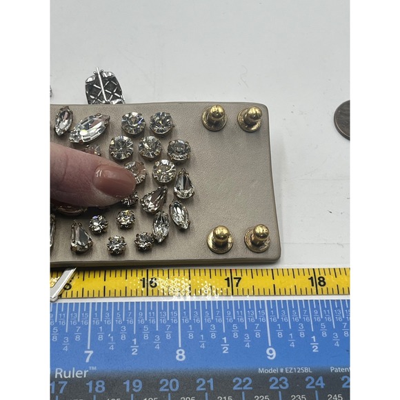 J. Crew Beige Leather Floral Rhinestone Statement Cuff Bracelet - Picture 11 of 11